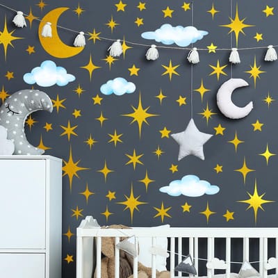 Dailygoods- Muursticker Sterren - Muurstickers Kinderkamer - Muurstickers Slaapkamer - Peel en Stick - Decoratie Vinyl - Gouden Maan en Wolk - Wanddecoratie