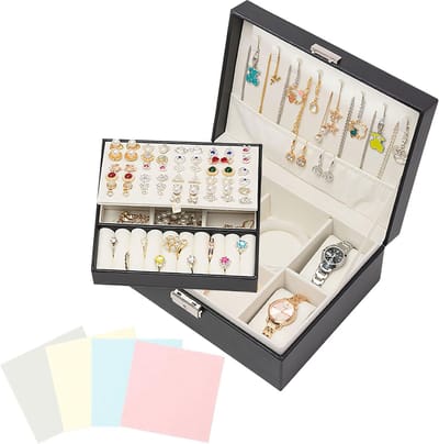 Sieradendoosje met 2 niveaus en accessoires - PU-leer, sieradenorganizer voor ringen, oorbellen en armbanden
