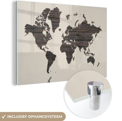 ® Glasschilderij 120x80 cm - Schilderij acrylglas - Wereldkaart - Bruin - Hout - Foto op glas - Muurdecoratie woonkamer - Wanddecoratie slaapkamer - Schilderijen