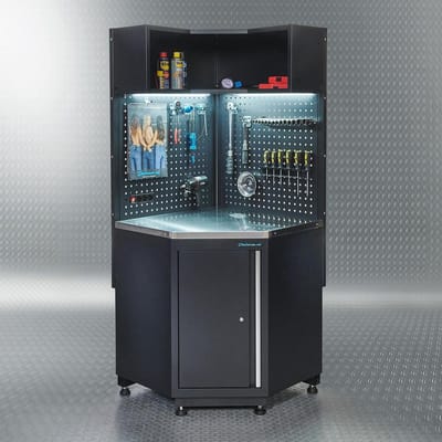 Datona® Werkplaatsinrichting PREMIUM hoekwerkbank met RVS werkblad - Zwart