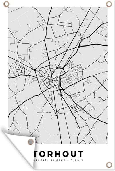 Muurdecoratie Zwart Wit – België – Plattegrond – Stadskaart – Kaart – Torhout - 120x180 cm - Tuinposter - Tuindoek