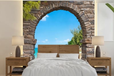 Behang - Fotobehang Doorkijk - Strand - Tropisch - Zomer - Breedte 240 cm x hoogte 240 cm