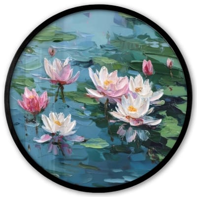 Poster in lijst Rond - Fotolijst 40x40 cm - Posters - Waterlelies - Bloemen - Roze - Water - Ronde posterlijst zwart - Decoratie - Wanddecoratie woonkamer - Muurdecoratie slaapkamer