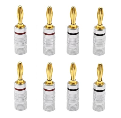 Banaanstekker 8 stuks – 24k Verguld – 4 mm – Hoogwaardige Luidsprekerstekkers