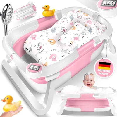 KIDIZ® Babybadje Opvouwbaar met Thermometer | Peuterbadje Ergonomisch, Rutschvrij, Met Zacht Badkussen en Afvoer | Babybad / Baby Bad Set Voor Baby's van 0-12 Maanden | Babybadset - Roze