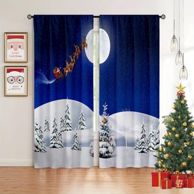 Kerst Decoratieve Gordijnen Blauw Rood Kerstman Kat Geschikt Kinderkamer Woonkamer Slaapkamer Raamdecoratie 2 stuks 50W130H(CM)X2PCS&Rod Pocket