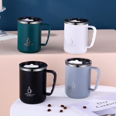 Bouteille d'eau en acier inoxydable 304 de 500 ml/17 oz, tasse à café à double couche, tasse à lait avec couvercle en plastique et poignée 500ml noir