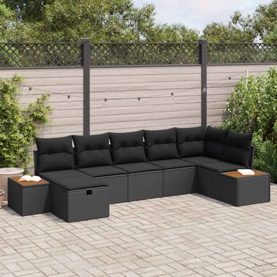 vidaXL - Tuinbank - Set - met - kussen - 7 - pcs - Zwart - Poly - rattan