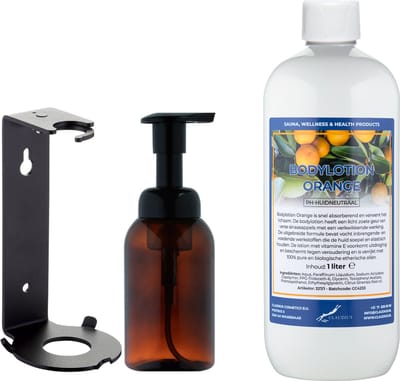 Zeepdispenser 300 ml amber bruin hervulbaar + 1 liter Bodylotion Orange navulling (inclusief beugel)