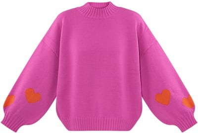 Oversized Wolmix Dames Trui met Hartjes-Applicatie - Fushia - Maat S/M