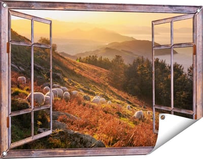 Gards Tuinposter Doorkijk Schapen in de Bergen - 90x60 cm - Tuindoek - Tuindecoratie - Wanddecoratie buiten - Tuinschilderij
