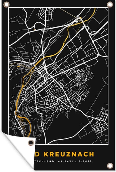 Muurdecoratie Duitsland – Black and Gold – Bad Kreuznach – Stadskaart – Kaart – Plattegrond - 120x180 cm - Tuinposter - Tuindoek