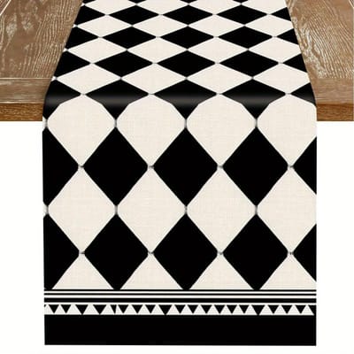 1 stuks beige-bruine patchwork tafelkleed met rood-witte geometrische ruitpatronen. Boerderijstijl, perfect voor binnenkeukens, feesten, restaura 90x33cm