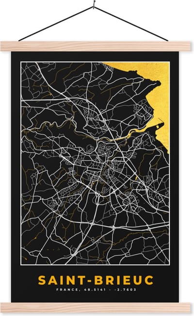 Posterhanger incl. Poster 40x60 cm - Schoolplaat - Frankrijk - Saint-Brieuc - Stadskaart - Plattegrond - Kaart - Textielposter - Blanke latten - Stadskaart