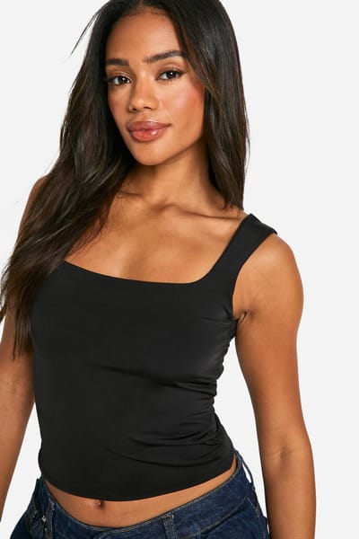 boohoo Dames Dubbele laag slinky crop top met vierkante halslijn | True Black | Maat: 36