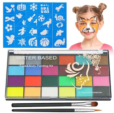 Gezichtschilderkit met 24 Kleuren en 40 Sjablonen - Wasbare, Veilige Makeup voor Halloween en Feestjes