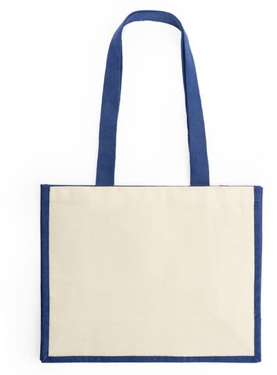 10 katoenen gelamineerd jute tassen met lange Blauw gekleurde hengsels. Model Nantes geschikt voor sublimatie