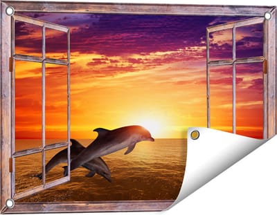 Gards Tuinposter Doorkijk Twee Dolfijnen bij de Zonsondergang - 60x40 cm - Tuindoek - Tuindecoratie - Wanddecoratie buiten - Tuinschilderij