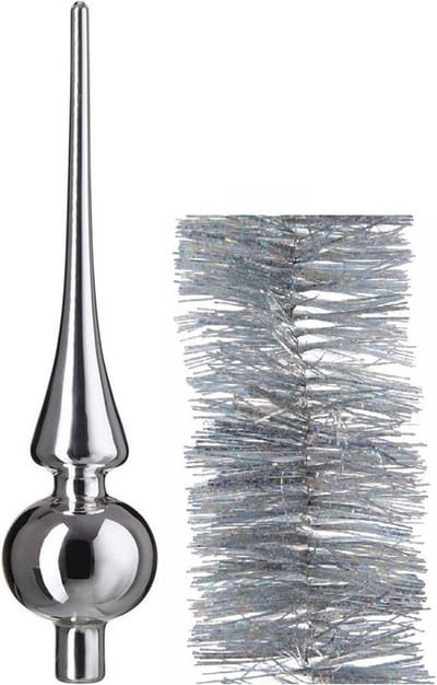 Kerstversiering glazen piek glans 26 cm en glitter folieslingers pakket zilver van 3x stuks - Kerstboomversiering
