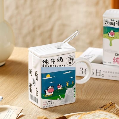 Creatieve keramische beker van hoge waarde vierkant met deksel rietje beker imitatie drinkpak mok cadeau voor stel kantoor 301-400ml