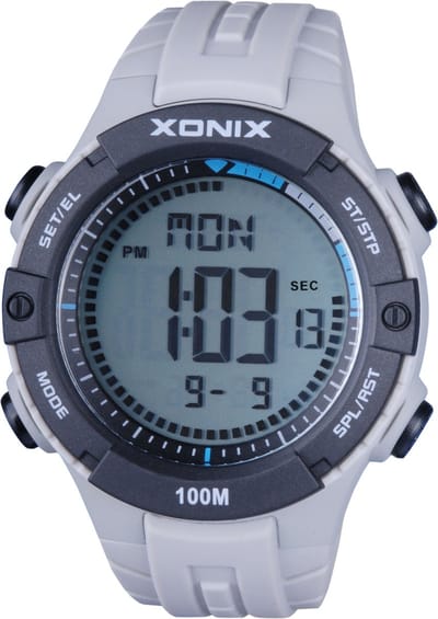 Xonix DAX-B01 - Horloge - Polshorloge - Digitaal - Heren - Mannen - Rond - Siliconen band - LCD - ABS - Cijfers - Achtergrondverlichting - Datumaanduiding - Alarm - Start-Stop - 12/24u - Tweede tijdzone - Waterdicht - LichtGrijs - Zwart
