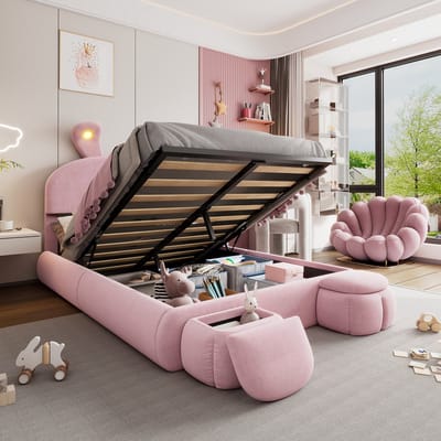 Gestoffeerd tweepersoonsbed met konijnenoren en hydraulische opbergbox - Kinderslaapkamer 140x200 cm - Roze fluweel - 2 opbergkrukjes - Konijnenoor LED-verlichting - Hydraulisch opbergsysteem