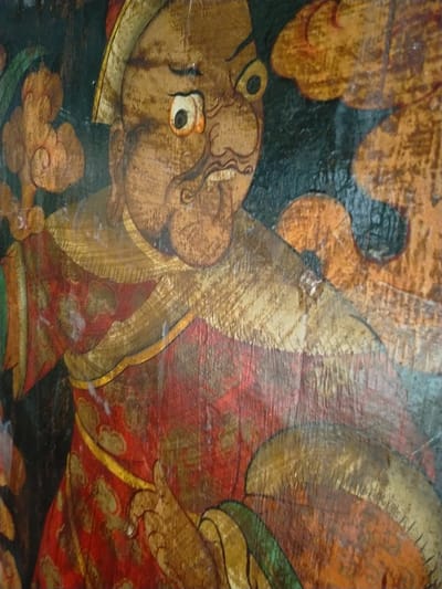 Fine Asianliving Antiek Tibetaans Houten Paneel – Handgeschilderde Deur uit een Tempel (B74 x H140 cm)