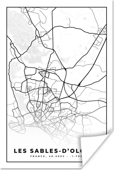 Poster Stadskaart – Les Sables-d'Olonne - Plattegrond – Kaart – Frankrijk - Zwart wit - 120x180 cm XXL