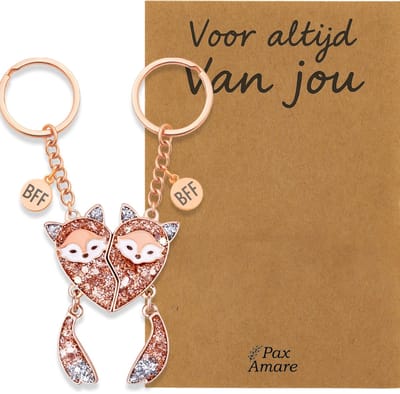 Koppel Sleutelhanger voor 2 'Voor altijd van jou' - Magnetische Vosjes - Sleutelhanger set op Cadeau Kaartje - Rosé Goud - Persoonlijke Hanger - Pax Amare