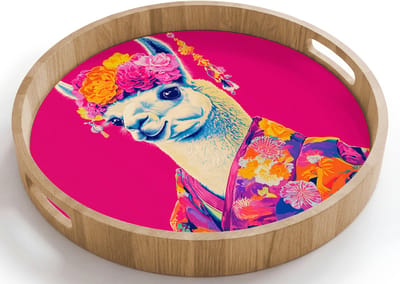 Dienblad rond 40x40 cm - Schootdienblad hout - Lama - Kimono - Bloemenkrans - Felroze - Borrelplank rechthoek - Plateau houten dienbladen