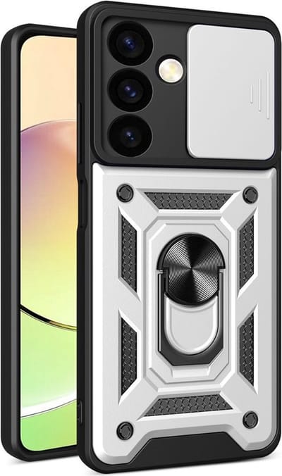 MobyDefend Hoesje - Geschikt voor Samsung Galaxy S24 - Pantsercase Met Draaibare Ring - Zilvergrijs
