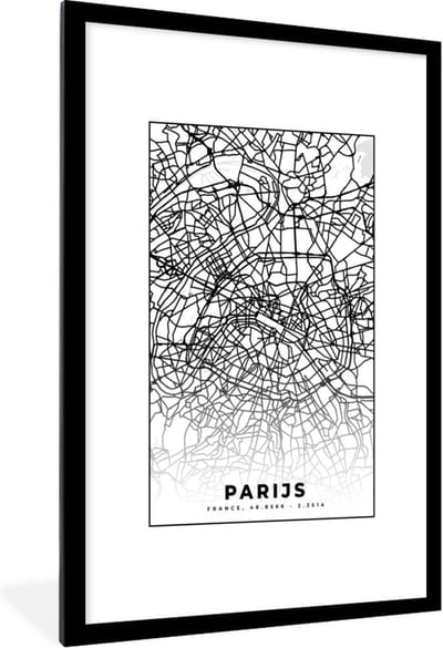Fotolijst incl. Poster Zwart Wit- Parijs - Stadskaart - Zwart Wit - Plattegrond - Kaart - 80x120 cm - Posterlijst