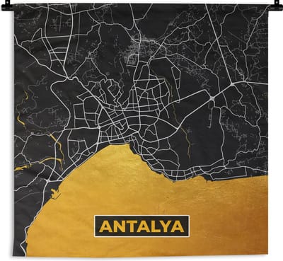 Wandkleed - Wanddoek - Antalya - Goud - Plattegrond - Stadskaart - Kaart - 180x180 cm - Wandtapijt
