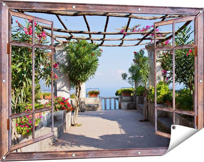 Gards Tuinposter Doorkijk Terras - 120x80 cm - Tuindoek - Tuindecoratie - Wanddecoratie buiten - Tuinschilderij