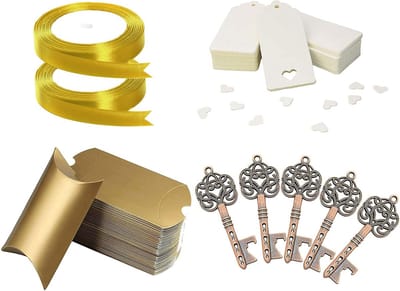 50 stks Vintage Rustiek Bruiloft Cadeau Souvenir Set met Skelet Sleutel Flesopeners, Bonbondoos, Bedankt Label, Frans Lint (Antiek Koper)