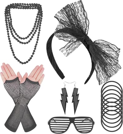 Jaren 80 kostuum accessoires set voor vrouwen, neon hoofdband, oorbellen, visnet handschoenen en ketting voor retro feest en themafeest