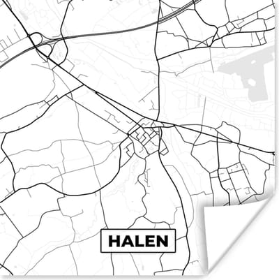 Poster Kaart – Plattegrond – Stadskaart – Halen – België – Zwart Wit - 100x100 cm XXL