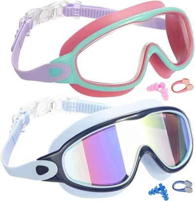 2 Pack Kinder Zwembril UV Bescherming Anti-Mist Zwembad en Zee Voor Jongens en Meisjes 3-15 Jaar - Roze en groen & zwart en blauw