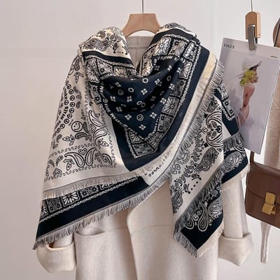 Luxe Winter Kasjmier Sjaal Voor Dames - Retro Bedrukt Sjaal Met Kwastjes, Warm Pashmina Wikkel & Bandana Poncho black