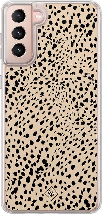 Casimoda® hoesje - Geschikt voor Samsung Galaxy S21 - Stippen bruin abstract - 2-in-1 case - Schokbestendig - Gestipt - Verhoogde randen - Bruin/beige, Transparant