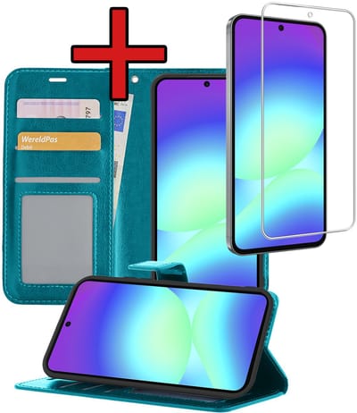 Hoesje - Met Screenprotector - Geschikt voor Samsung Galaxy A56 - Luxe Pasjeshouder - Flipcase - Bookcase Portemonee - Flip Case - Kunstleer Book Case - Book Cover - Walletcase - Portemonneehoes - Telefoonhoes - Turquoise