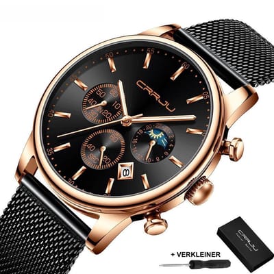 CRRJU - Horloge Heren - Cadeau voor Man - 42 mm - Zwart Rosé