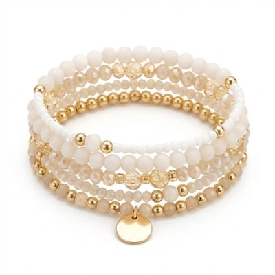 Set van 5 elastische armbanden voor dames met wit- en goudkleurige kralen en ronde bedel – dames armbanden set