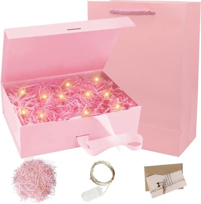 Vouwbare Cadeaubox met Deksel, Magnetische Doos met Strik en LED Verlichting voor Kerst en Verjaardag, 23 x 17 x 7 cm, Perfect voor Cadeauverpakking en Groetenkaarten