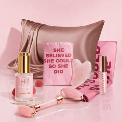 HG Aesthetics Roze Zelfzorg Bundel – Hyaluronzuur Serum, Rozen Guasha, Satijnen Kussenslopen, Roze Handdoek en Voedende Lipolie – Complete Beauty Set