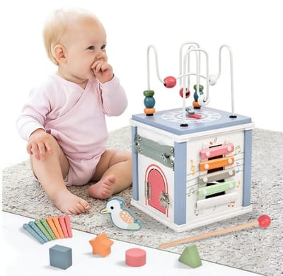 8-in-1 Houten Montessori Motoriekwürfel - Drukbal & Drukplank - Educatief Speelgoed voor Baby's van 1 Jaar Oud - Activiteitenkubus met 6 Zijden voor Fijne Motoriek