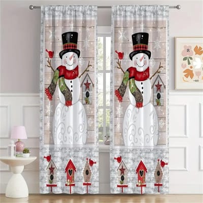 Kerstgordijnen 3D Sneeuwpop Winterscène Print Grijs Slaapkamerpanelen Vakantiedecor 2 Panelen Kerst Raamgordijnen 50W130H(CM)X2PCS&HooK