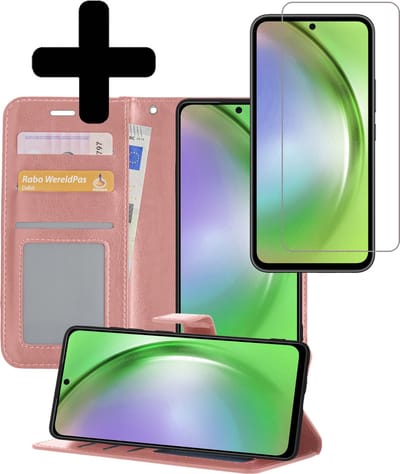 Hoesje - Met Screenprotector - Geschikt voor Samsung Galaxy A54 - Luxe Pasjeshouder - Bookcase Portemonee - Flip Case - Kunstleer Book Case - Flipcase - Book Cover - Walletcase - Portemonneehoes - Telefoonhoesjes - Rosé goud