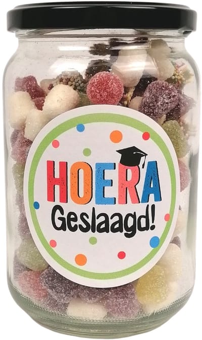 Examen Cadeau Snoeppot "Hoera Geslaagd" - Gevuld met Tum Tum - Felicitatie Cadeautje voor School, Studie of Cursus