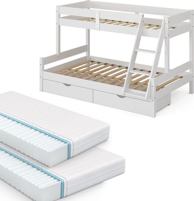 Vitalispa Everest Stapelbed – 120x200 / 80x200 cm met 2 matrassen en 2 laden Wit